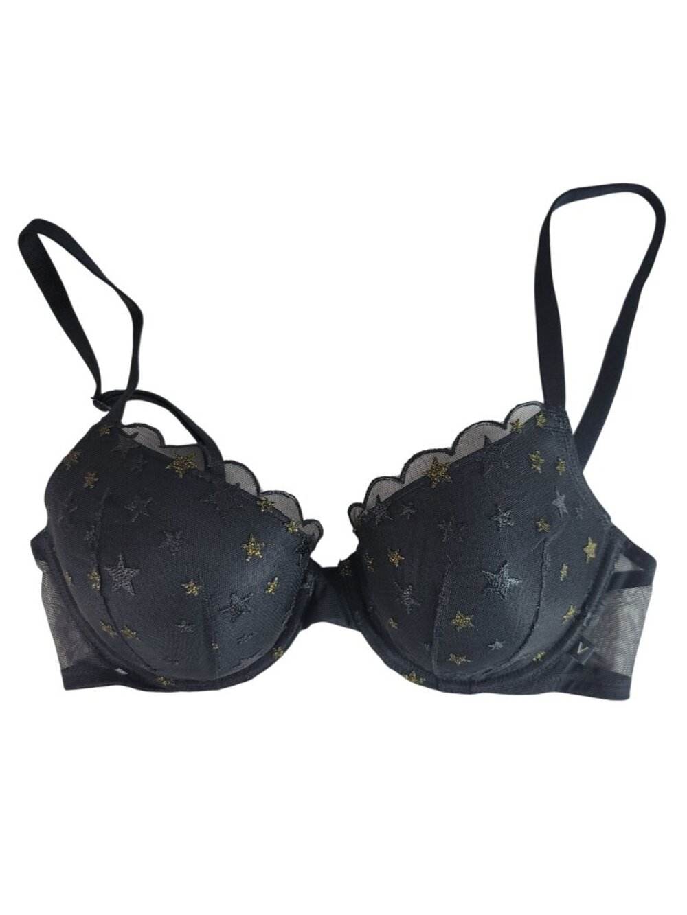 Victoria's Secret Lined Demi Bra Black 36C Scalloped Lace Molded Stars Underwire